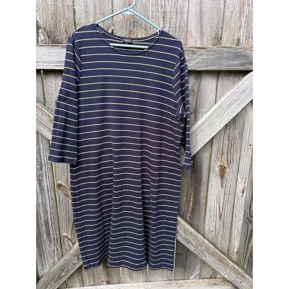 Talbots Woman Petites Navy Blue White Striped‎ Cotton T-Shirt Dress 2Xp 3/4 Slv